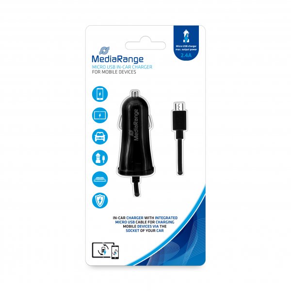 MediaRange In-car charger with integrated micro USB cable, 2.4 A output power, black