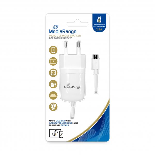 MediaRange Mains charger with integrated micro USB cable, 2.4 A output power, white