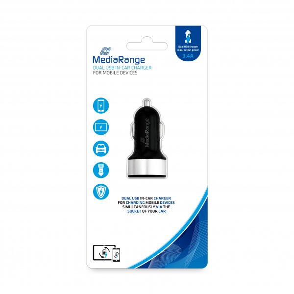 MediaRange Dual USB in-car charger, 3.4 A output power, black/silver