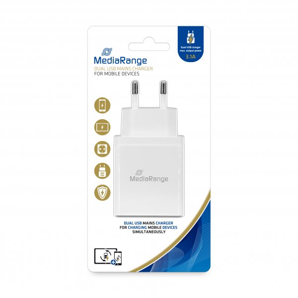 MediaRange Dual USB mains charger, 3.1 A output power, white