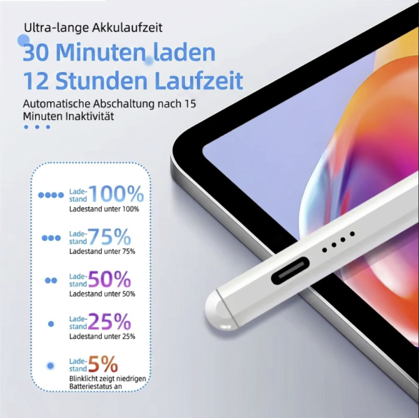 Aktiver Eingabestift / Stylus für iPad & Tablets - Palm Rejection, Neigungssensitivität, USB-C